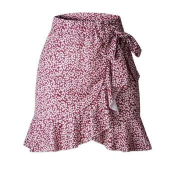 

2020 New Multi Dot Print Short Mini Skirts Women Summer Ruffle High Waist Bow Tie Skirt Ladies Streetwear Slim Bottoms Saias