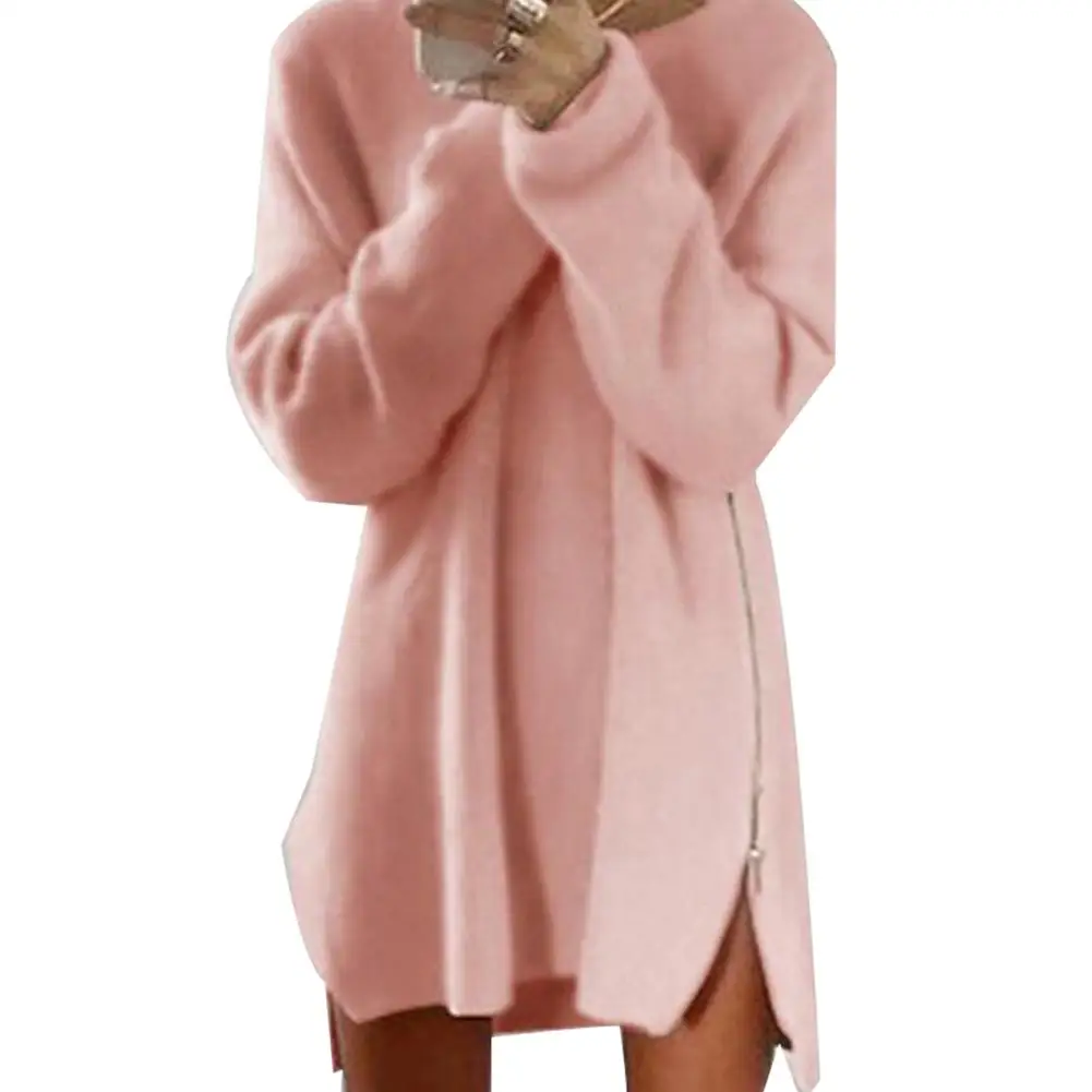 

New Arrival dress turtleneck wool Women Sexy Solid Color Long Sleeve O Neck Sideway Zip Loose Mini Sweater Dress
