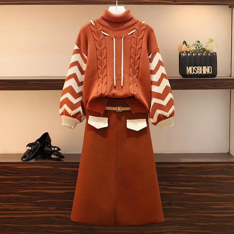 Большой женский теплый костюм с юбкой 5XL на осень и зиму, женский свитер с воротником под горло+ юбка, комплект из 2 предметов, топ и юбка, вязаный комплект - Цвет: Caramel