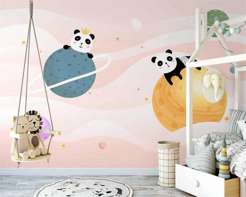 

beibehang Customize the new Nordic hand-painted space panda cloud children's room background papel de parede wallpaper