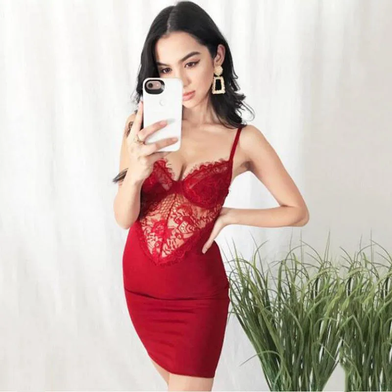 

Hot Selling WOMEN'S Dress Europe And America-Strapped Dress Lace Joint Hollow out Waist Hugging Tight Dress Ba0151