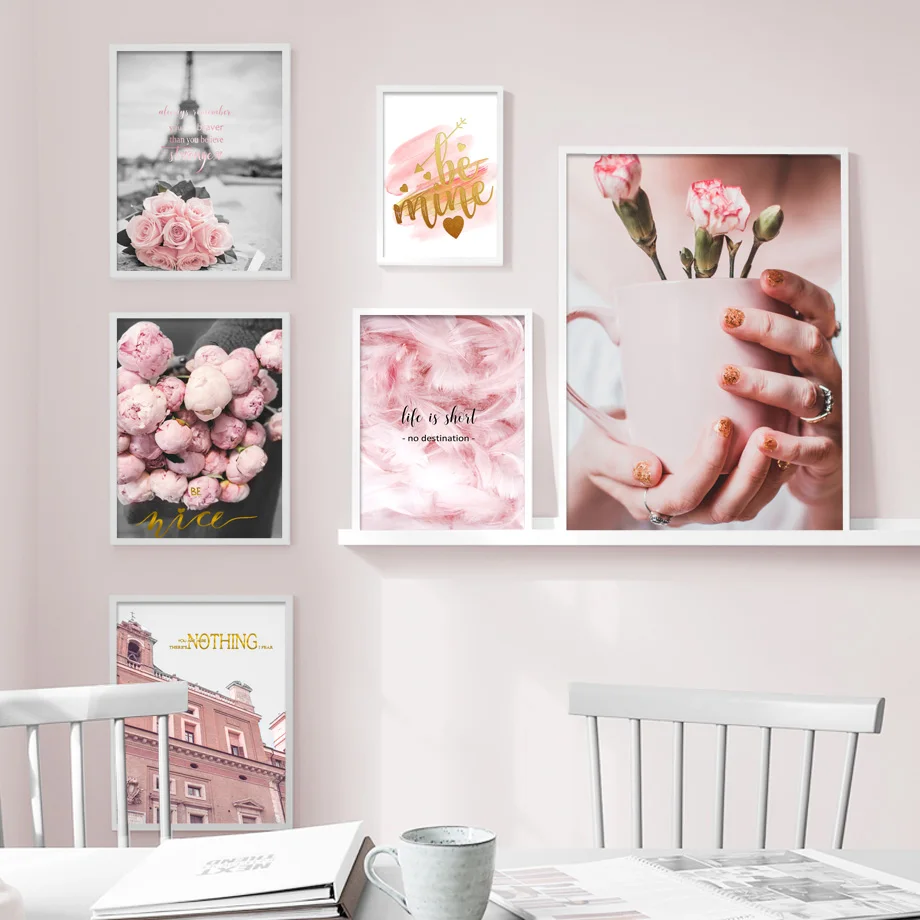 

Rose Peony Paris Tower Pink Landscape Nordic Posters And Prints Wall Art Canvas Painting Wall Pictures For Living Room Decor