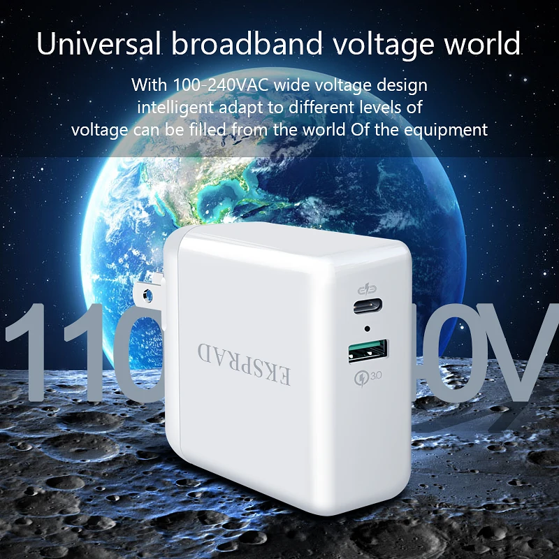 USB C настенное зарядное устройство, EKSPRAD 36 Вт 2 порта type C зарядное устройство с мощностью 18 Вт с складной вилкой для быстрой зарядки iPhone 11 Pro