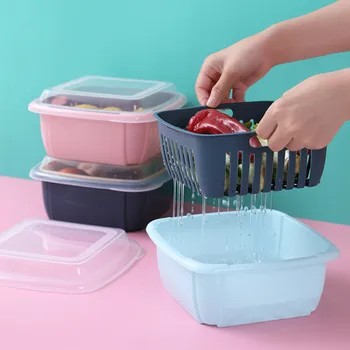 

Saingace Multi-function double-layer drain baskets refrigerator crisper kitchen storage basket with lids Colander Filter Baskets