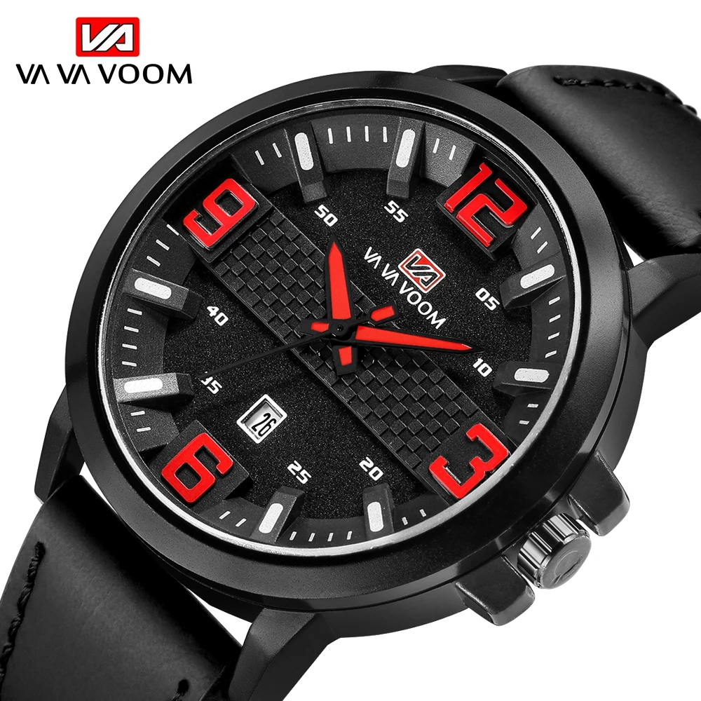 

Waterproof men's leather strap quartz watch VAVA VOOM unique casual luxury business fashion date display watch Wrist