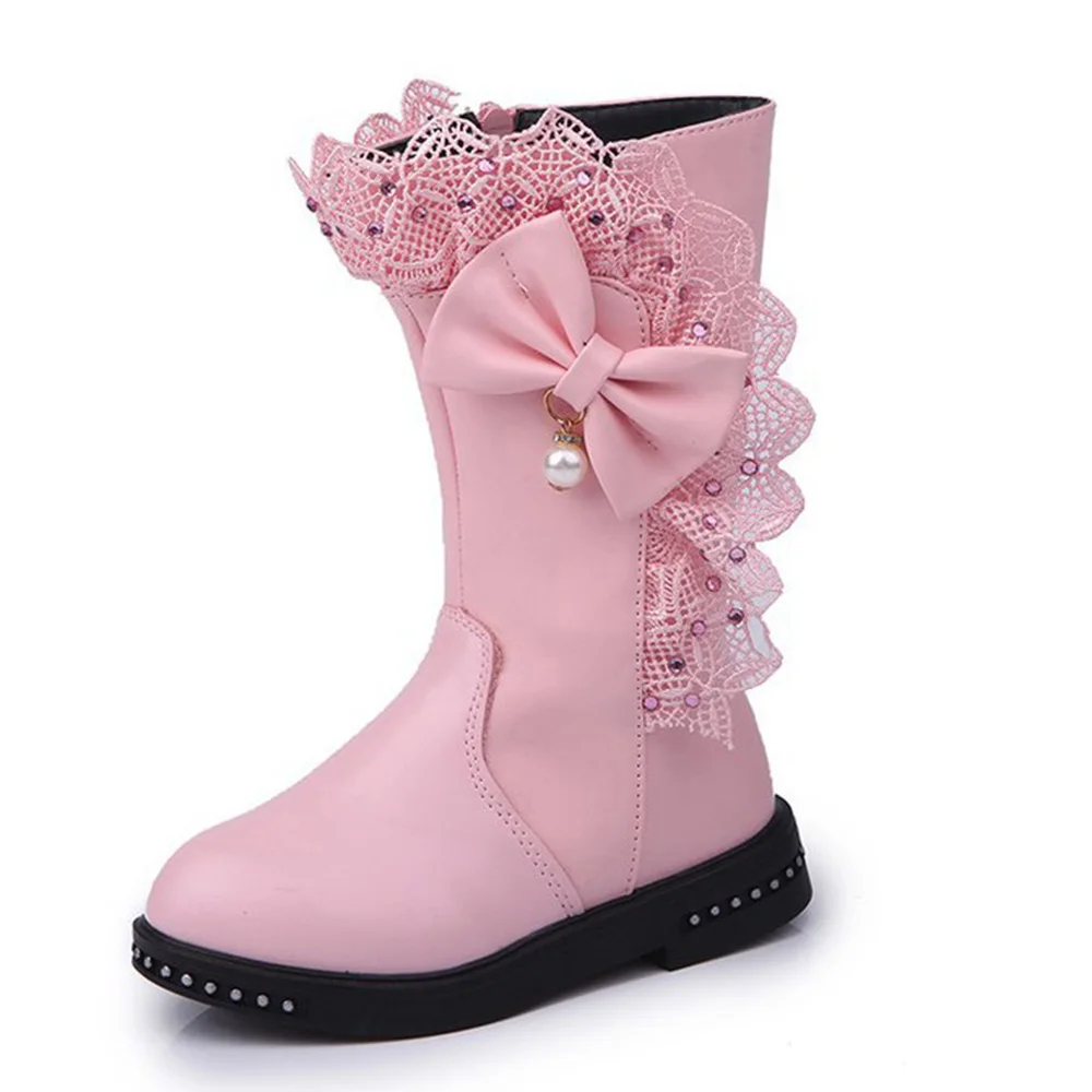 K16 pink Детская обувь для девочек; зимние теплые ботинки на молнии с круглым носком на плоской подошве для девочек; мягкие ботинки до середины икры с кружевным бантом для девочек - Цвет: K16 pink