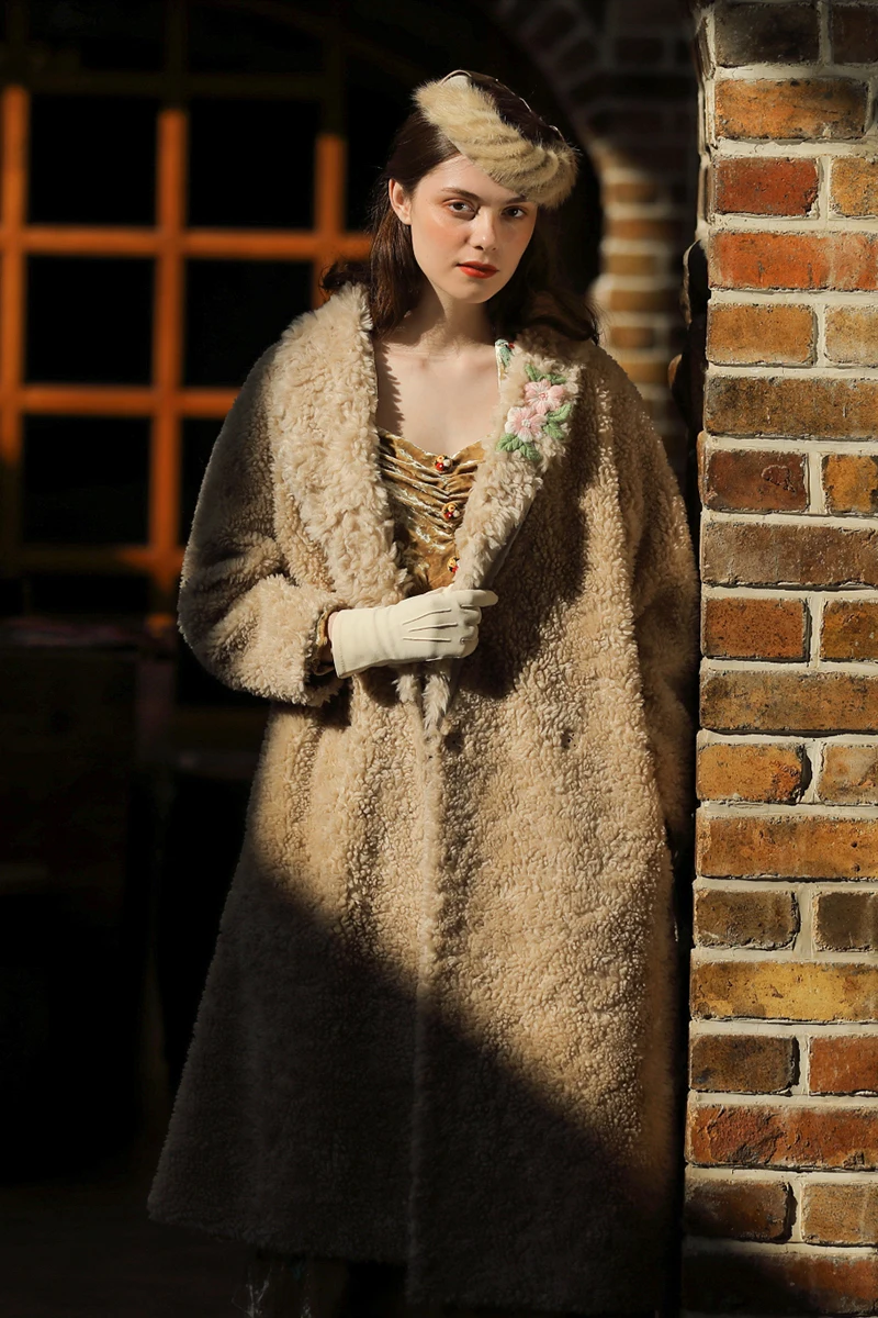 Дизайн, зимнее женское офисное пальто ручной работы с вышивкой, плотное, теплое, натуральный мех, шерсть, длинное пальто, повседневное, TeddyJacket