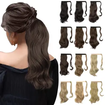 

22 inch Long Wave Ponytail Wrap Around Ponytail Clip in Hair Extensions Natural Hairpiece Headwear Synthetic Hair Brown Gray