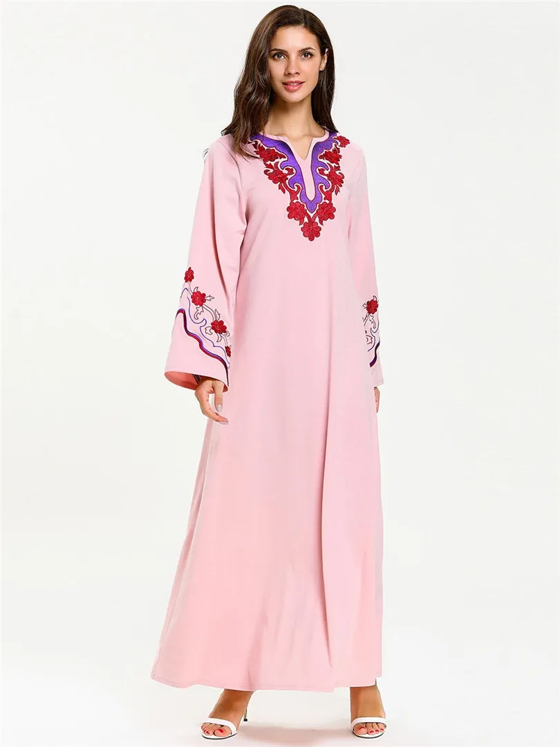Арабское мусульманское платье платья абайя вышивка марокканский кафтан Мода скромное платье для вечернего платья розовый