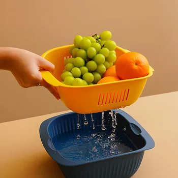

Plastic Double-layer Vegetable Basket Drain Creative Home Kitchen Vegetable Baskets Multifunctional Fruit Vegetable Basket Sink