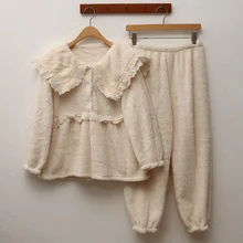 Korean Pajamas Coral Velvet Women's Autumn And Winter New Thickened Double-sided Princess Lovely Home Clothes Lace Top Sets Best