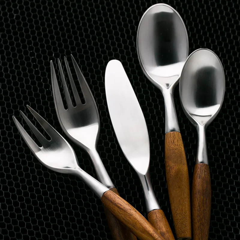 Simple Life Home Wooden the Department Store Commodity Teak Combined Metal 304 Material Stainless Steel Knife, Fork And Spoon