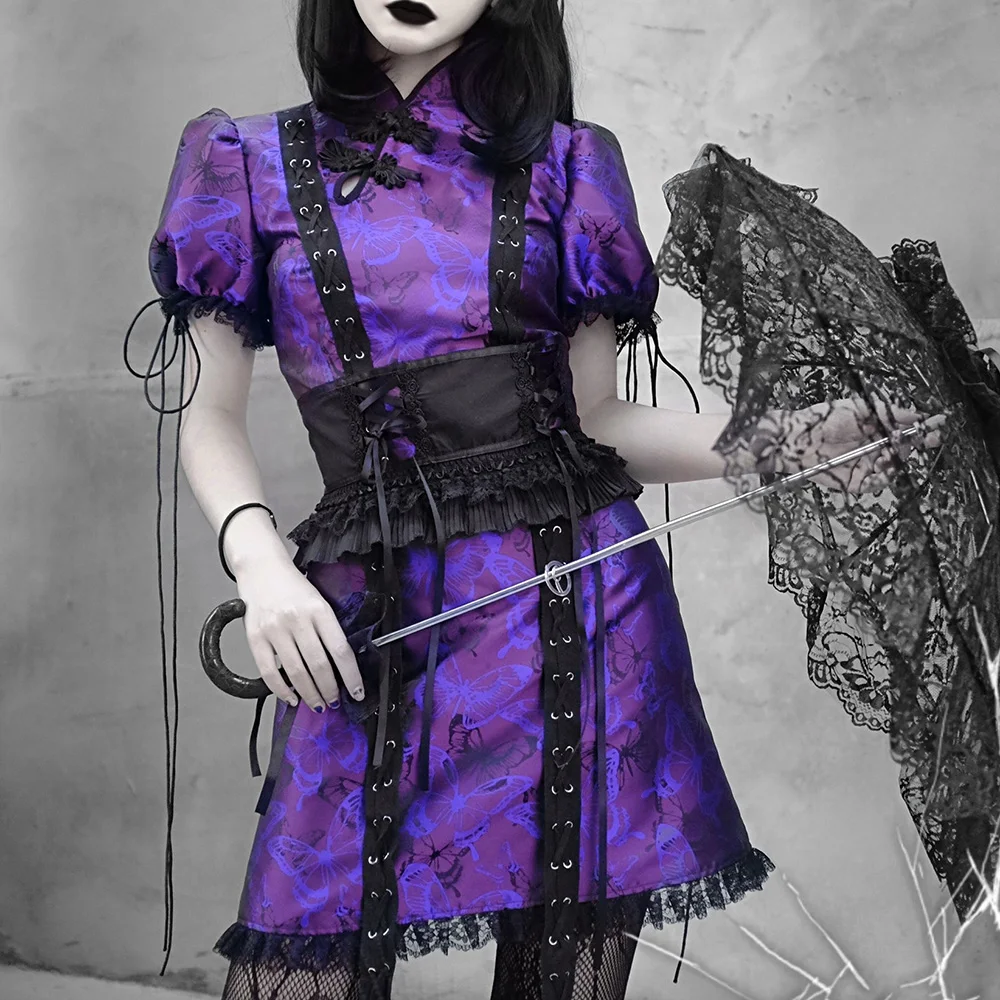 Розовое фиолетовое сексуальное платье для женщин с принтом бабочки Qipao