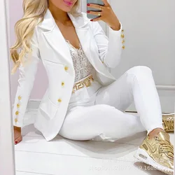 Conjuntos de blazer feminino senhora do escritório manga longa duplo breasted blazer & calças compridas 2 peça conjunto 2021