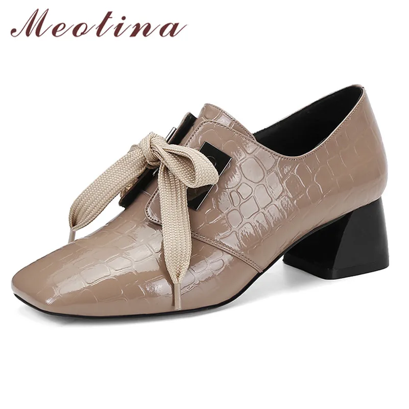 

Meotina High Heels Women Shoes Natural Genuine Leather Thick Heels Shoes Patent Leather Lace Up Square Toe Pumps Lady Size 34-39