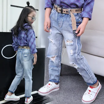 

Girls' Trousers, Medium and Large Children's Fashion Ripped Jeans, Spring and Autumn 2020 Light Tide Fans, Ragged Jeans