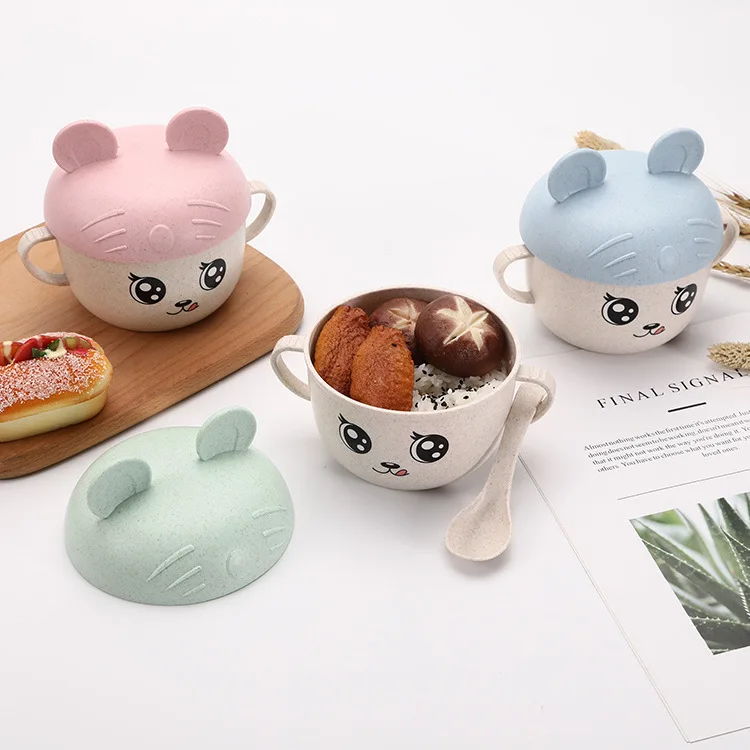 2Pcs/Set Baby Feeding Food Tableware Wheat Cartoon Kids Dishes Children Eating Dinnerware Set Anti-hot Plate Training Bowl+spoon | Мать и