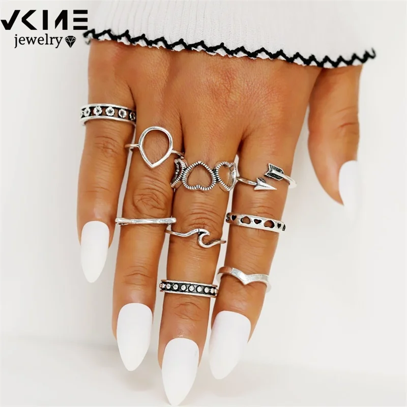 VKME Trendy Gold Color Rings Set For Women Round Heart Eye Crystal Ring 2020 Female Finger Statement Fashion Jewelry | Украшения и