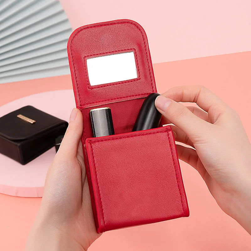 Lipstick Cosmetic Bag With Mirror Portable Beauty Case Makeup Travel Pouch Organizer PU Leather Toolbox Small Storage Cases | Красота и