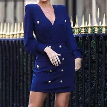 Hxroolrp Осенняя женская обувь модные, пикантные платья Однотонная одежда длинные тёмные рукав с v-образным вырезом; с кнопками для работы из органической кожи вечерние носит F1