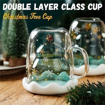 

Christamas Tree Glass Cup Double Walled Glass Snowflake Anti-scalding Insulated Coffee Mugs QP2