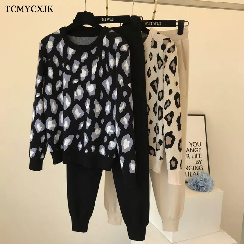 2022 Spring Streetwear Leopard Printed Knit Two Peice Set Women Long Sleeve O-Neck Sweater Tops + Harem Pants Casual Tracksuit blazer and pants set