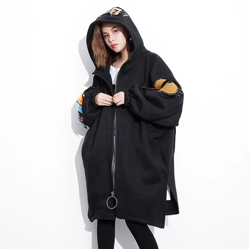XITAO Letter Pattern Trench Women Fashion New Autumn Wide Waist Hooded Collar Plus Size Split Casual Coat Top GCC2460
