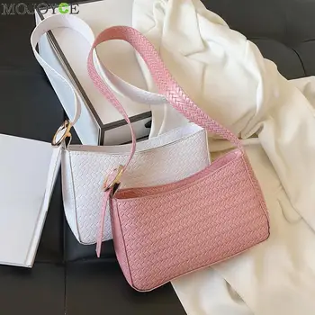 

Women Solid Color PU Leather Handbags Lady Weave Knit Small Shoulder Totes Bag Youth Ladies Simple Versatile Bag