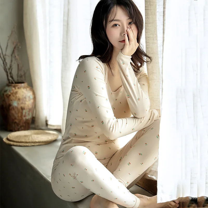 Autumn Winter Cotton Thermal Underwear Women Warm Long Johns Suit Sweet Cute Printed Thermal Clothing Female Second Skin Pajamas