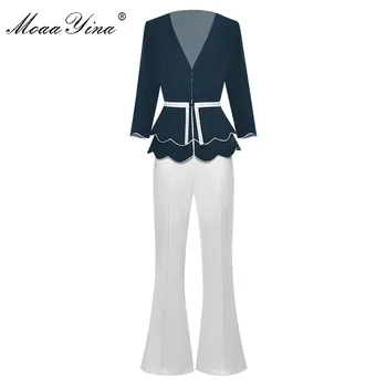 

MoaaYina Fashion Designer Set Spring Summer Women V-neck jacket Tops+Bell-bottoms Two-piece suit