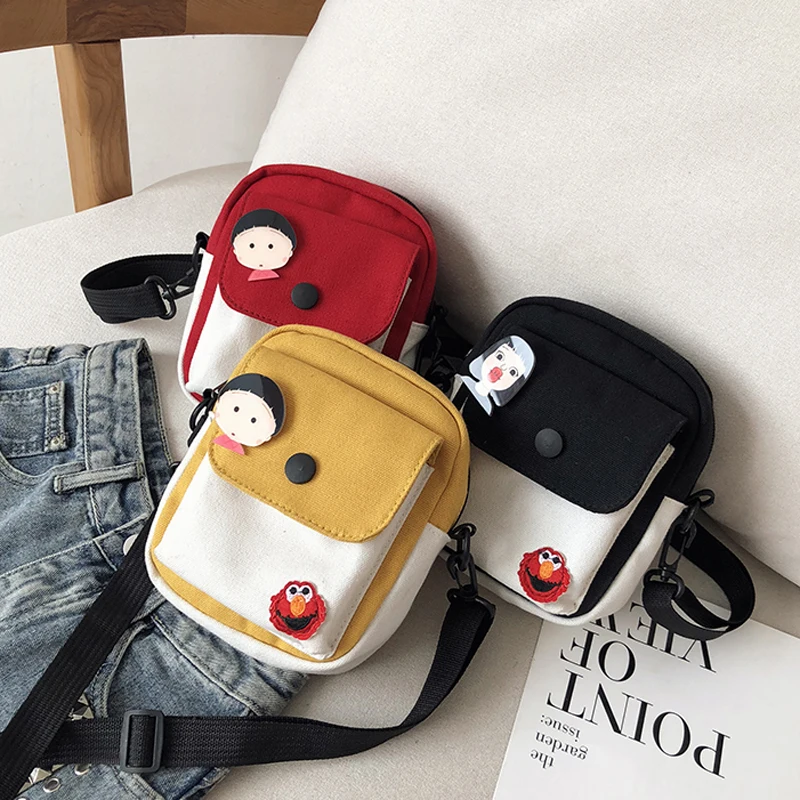 

Women Canvas Handbag Simple Small Crossbody Bags Korean Mini Casual Flap Shoulder Bag Cartoon Printed Student Bag Cell Phone Bag