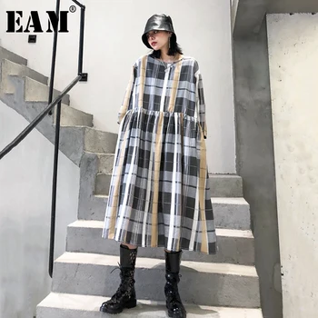 

[EAM] Women Gray Plaid Split Big Size Dress New Round Neck Three-quarter Sleeve Loose Fit Fashion Tide Spring Autumn 2020 1T458