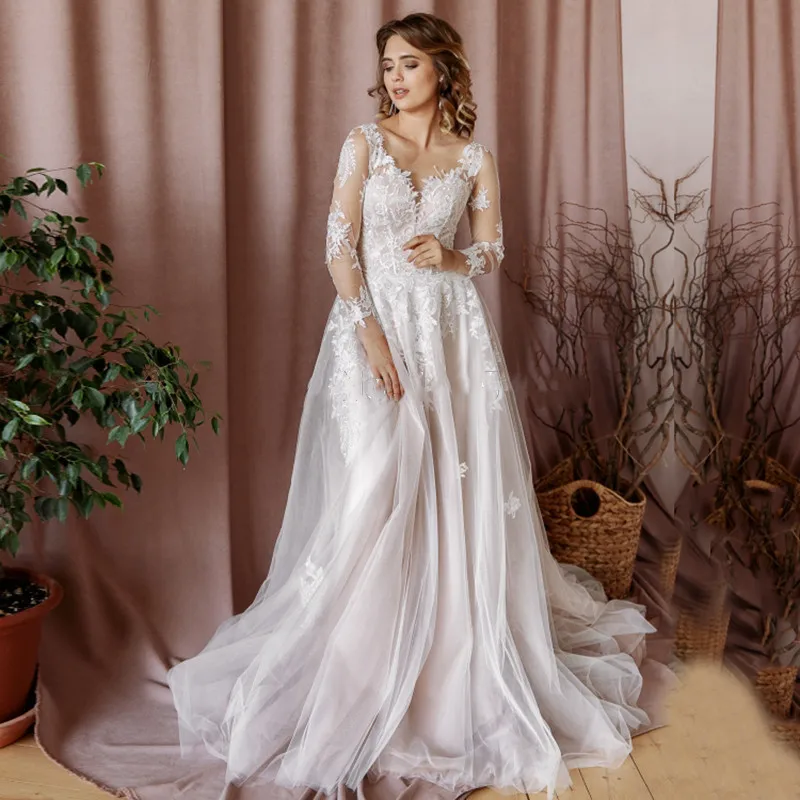 

Long Sleeves A-Line Wedding Dresses Lace Appliques Buttons Tulle Spring Bridal Gowns 2021 Formal Spring Photos Wedding Dress