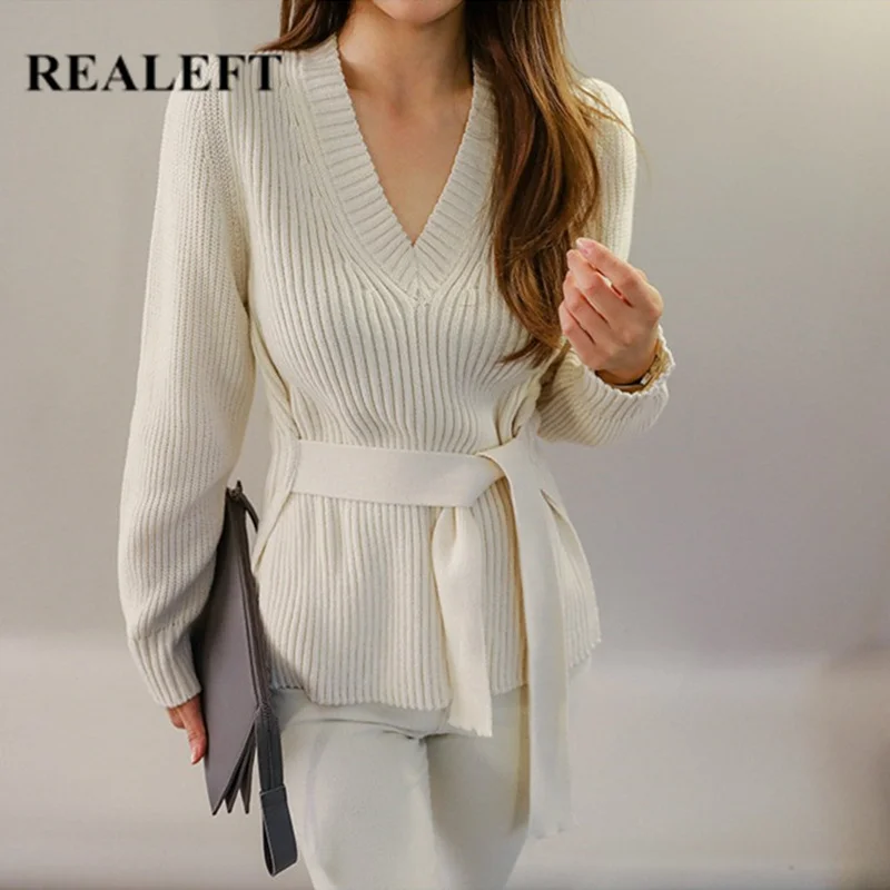 

REALEFT Women's Pullover Sashes Sweaters Autumn Winter Fashion Solid V-Neck Long Sleeve Loose Sweater Tops 2019 New White