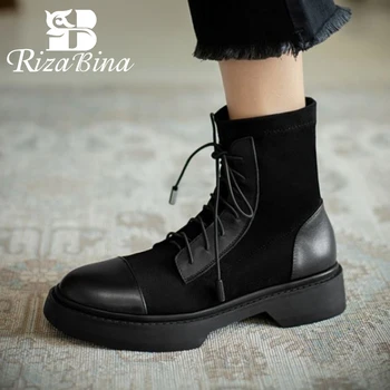 

RIZABINA Real Leather Women Ankle Boots Flats Shoes Round Toe Winter Warm Boots Women Fashion Office Footwear Size 34-39