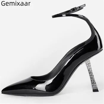 

New Coming Women Pumps Point Toe Ankle Cross Buckle Ladies Office Shoes Metal Thin High Heel Slim Shallow Big Size Woman Pumps