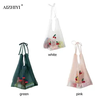 

Women Organza Handbags Cherry Korean Sweet Female Female Classic Elegant Shoulder Handbags Tote Mesh Shopping Bags