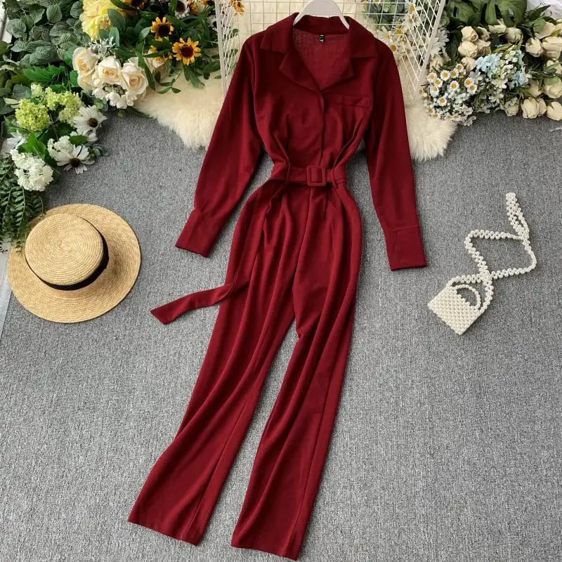 new fashion women's Long-sleeved lace-up waist temperament lapel jumpsuit