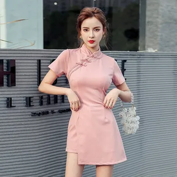 

Fashion Summer chinses style 2 Piece Set Women Slim cheongsam stand collar Dress + Hight waist pocket solid shorts 2 pices Set