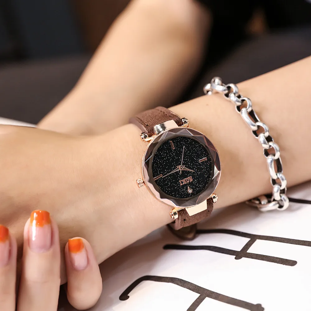 

Hot Selling Women Watches Romantic Starry Sky Scale Dial Ladies Analog Quartz Wristwatch Design Leather Clock Montre Femme@50