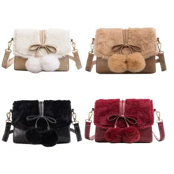 

Fashion Women Plush Shoulder Bag Bow Tie 2 Fluffy Balls Lady Casual Handbag Party Crossbody Purse Female Travel Shopping Tote