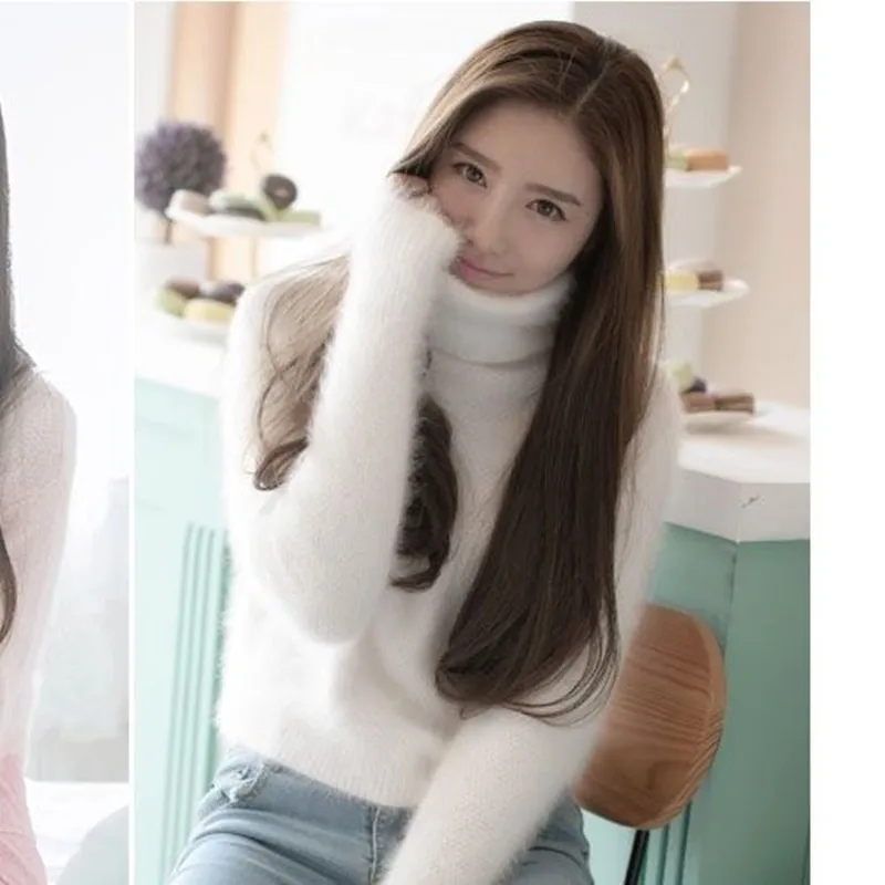 

White Faux Mink Cashmere Long Sleeve Turtleneck Sweater Sexy Women 2019Autumn Winter Basic Warm Jumper Pullover Pull