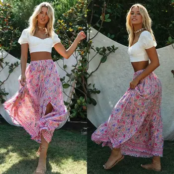 

Floral Printed Beach Boho Skirts Women Fashion Ladies Summer Vacation Lace-up Ankle-Length Skirt