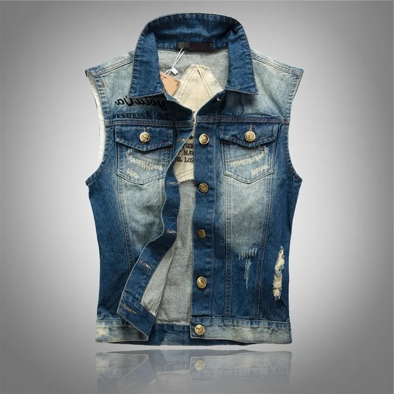 

New Brief Blue Men's Summer Vest Korean Slim Sleeveless Denim Vests For Men Single-breasted Hole 95%Cotton Jeans Waistcoat Male