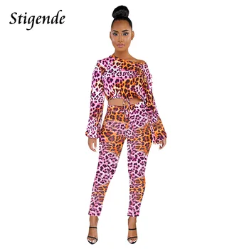

Stigende Sexy Leopard Print Bodycon 2 Pieces Sets Outfits Women Casual Two Piece Set Long Sleeve Bandage Crop Top and Pants Set