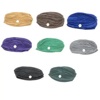 

Women Sport Turban Hat with Button Mask Holder Pleated Solid Color Muslim Beanie Chemo Cap Cross Knot Indian Head Wrap