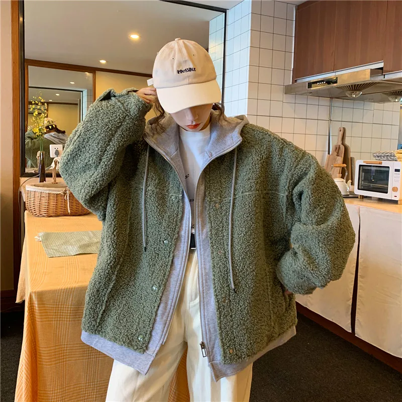Patchwork Hooded Pocket Two Piece Style Thick Plush Coat Winter Faux Fur Lambwool Women Jacket Loose Top Warm Oversized Korean