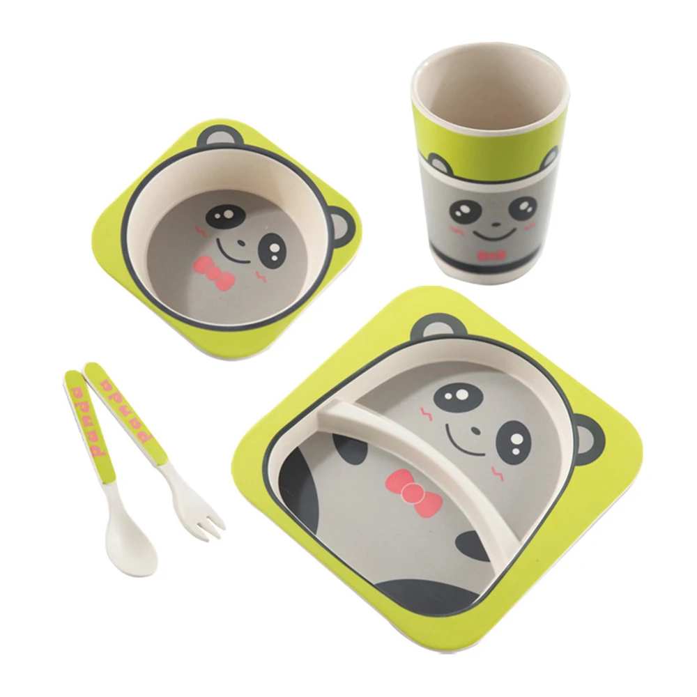 5pcs sets Dish Tableware Set Natural Bamboo Fiber Bowl With Cup Spoon Plate Fork Feeding Dishes for Kids Utensils wheat straw dish