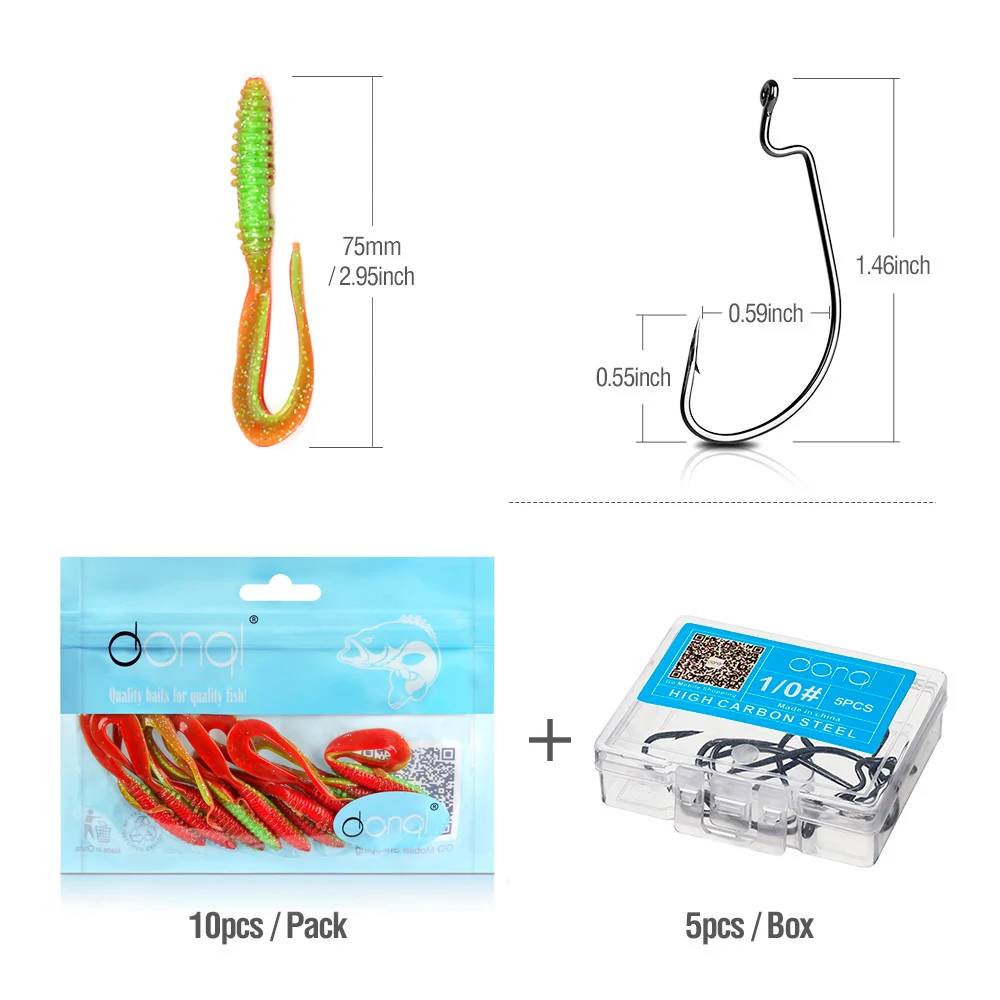 DONQL 10Pcs Silicone Soft Lures Worm Long Tail Fishing Bait Artificial Rubber Bass Saltwater Jig Swimbait Soft Lures With Hook1 (2)