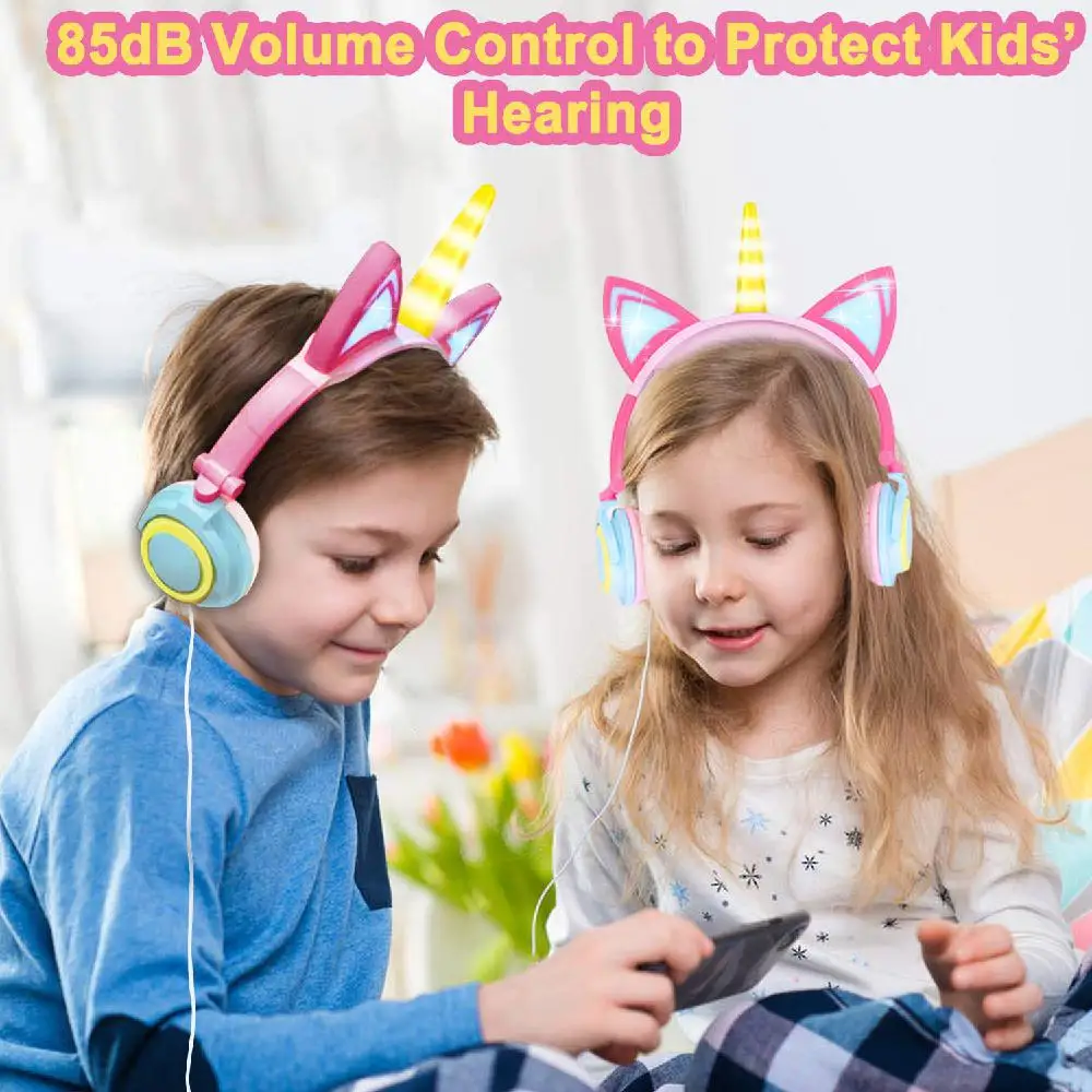 EastVita Cute Kids Cat Ear Wired Foldable Earphones Cat Ear Flashing LED Kids Headphones for boys and girls